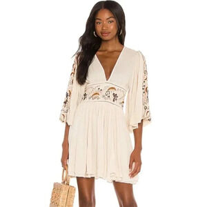 NWT Free People Moroccan Gemstone Embroidered Mini Dress in Tea Combo Cream XS